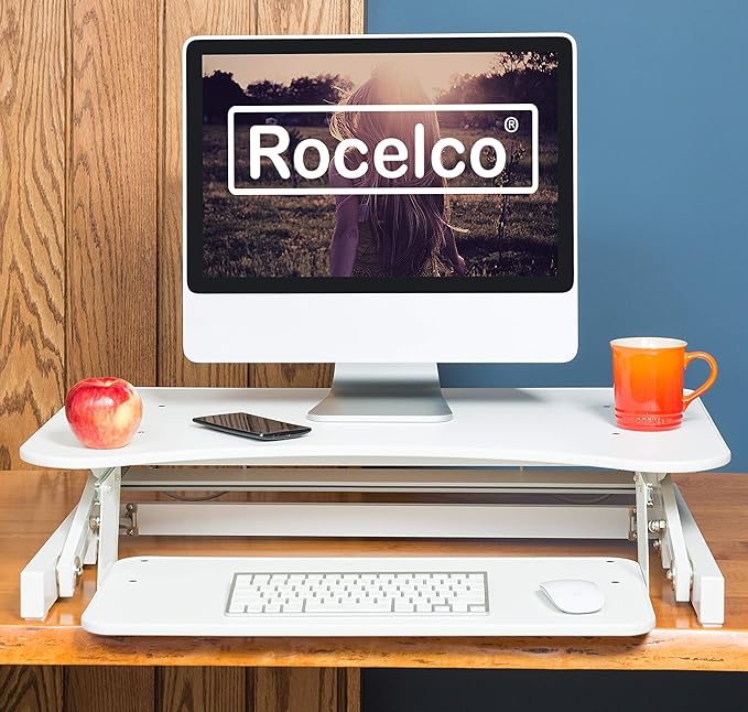 Rocelco 32" Height Adjustable Standing Desk Converter - Quick Sit Stand Up Dual Monitor Riser - Gas Spring Assist Tabletop Computer Workstation - Large Retractable Keyboard Tray - White (R ADRW)