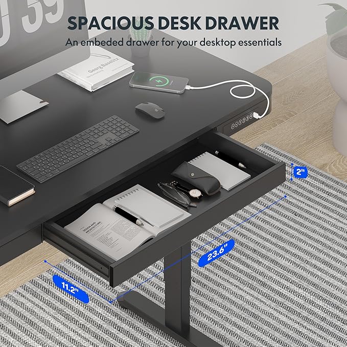 FLEXISPOT Comhar Electric Standing Desk with Drawer Desktop & Adjustable Frame Quick Install w/USB Charge Ports (Black, Wood)