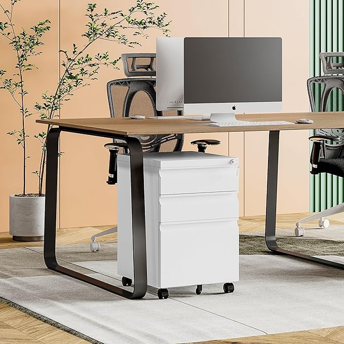 MIIIKO White Filing Cabinet 3 Drawers on Wheels Under Desk, Metal Rolling File Cabinet with Lock for Home Office, Small Mobile File Cabinet for Letter Legal File Folders, Un-Assembled