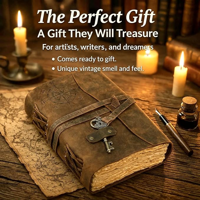cuero Compass Vintage Leather Journal Antique Handmade Bound Journal with Deckle Edge Paper Diary Leather Sketchbook Drawing Journal Notebook Great Gift Men & Women (6X8 Inch)