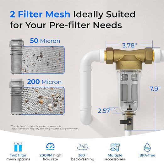 Waterdrop RPFK52 Spin Down Sediment Filter, 50 Micron+200 Micron | Backwash Whole House Water Filter System for Well Water, 1" MNPT + 3/4" FNPT + 3/4" MNPT, Traps Sand, BPA Free