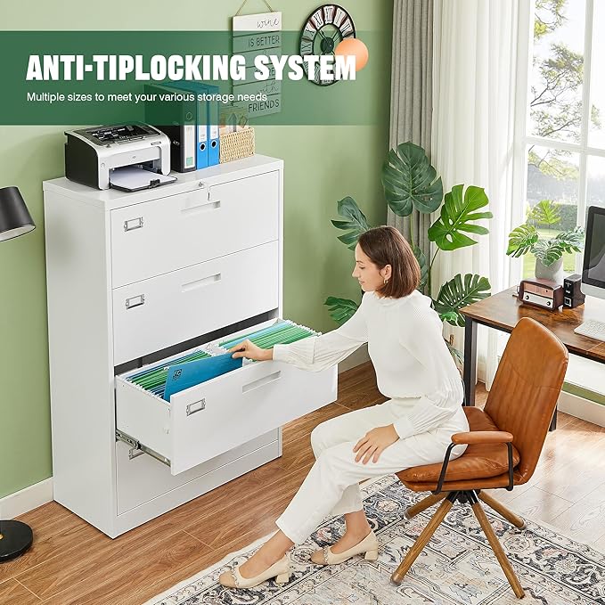 Letaya 4 Drawer File Cabinet with Lock, Metal Lateral Filing Cabinet Wide Office Organization Storage for Home Office Hanging Letter/Legal/F4/A4 (White-Requires Installation)
