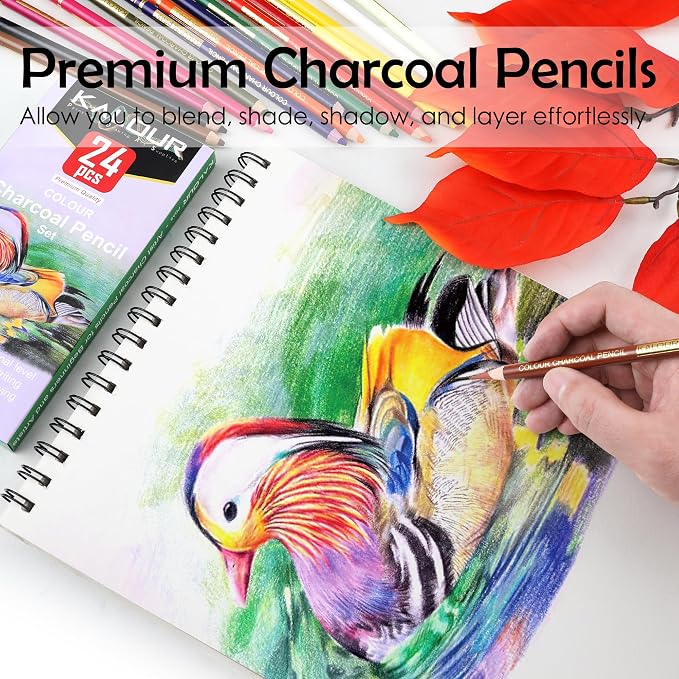 KALOUR PDAS 24 Premium Colored Charcoal Pencils Drawing Set, Quality Pastel Chalk Pencils, Skin Tone Colored, for Coloring, Sketching, Drawing, Layering & Blending for Beginners & Artists