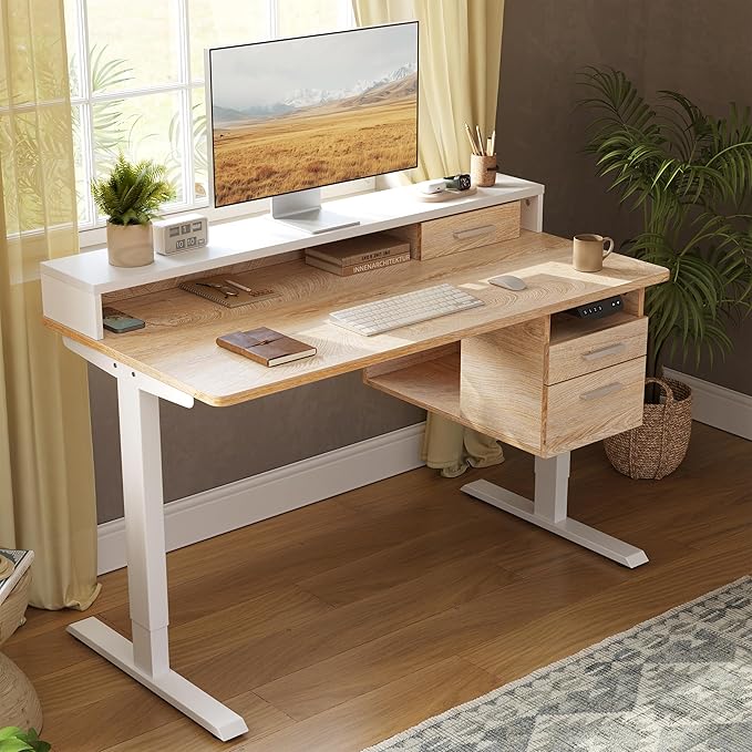 FEZIBO Electric Standing Desk 48 x 24 Inch with Monitor Shelf, 3 Drawers and Open Storage, Home Office Computer Workstation, Maple, 2 Packages