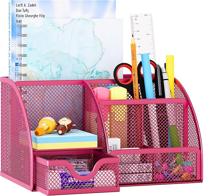 EasyPAG Mesh Desk Organizer with Drawer Multi-functional Pen Holder Stationery Organizer for Office School Supplies 6 Compartments Dorm Organizers and Storage for Desk, Hot Pink