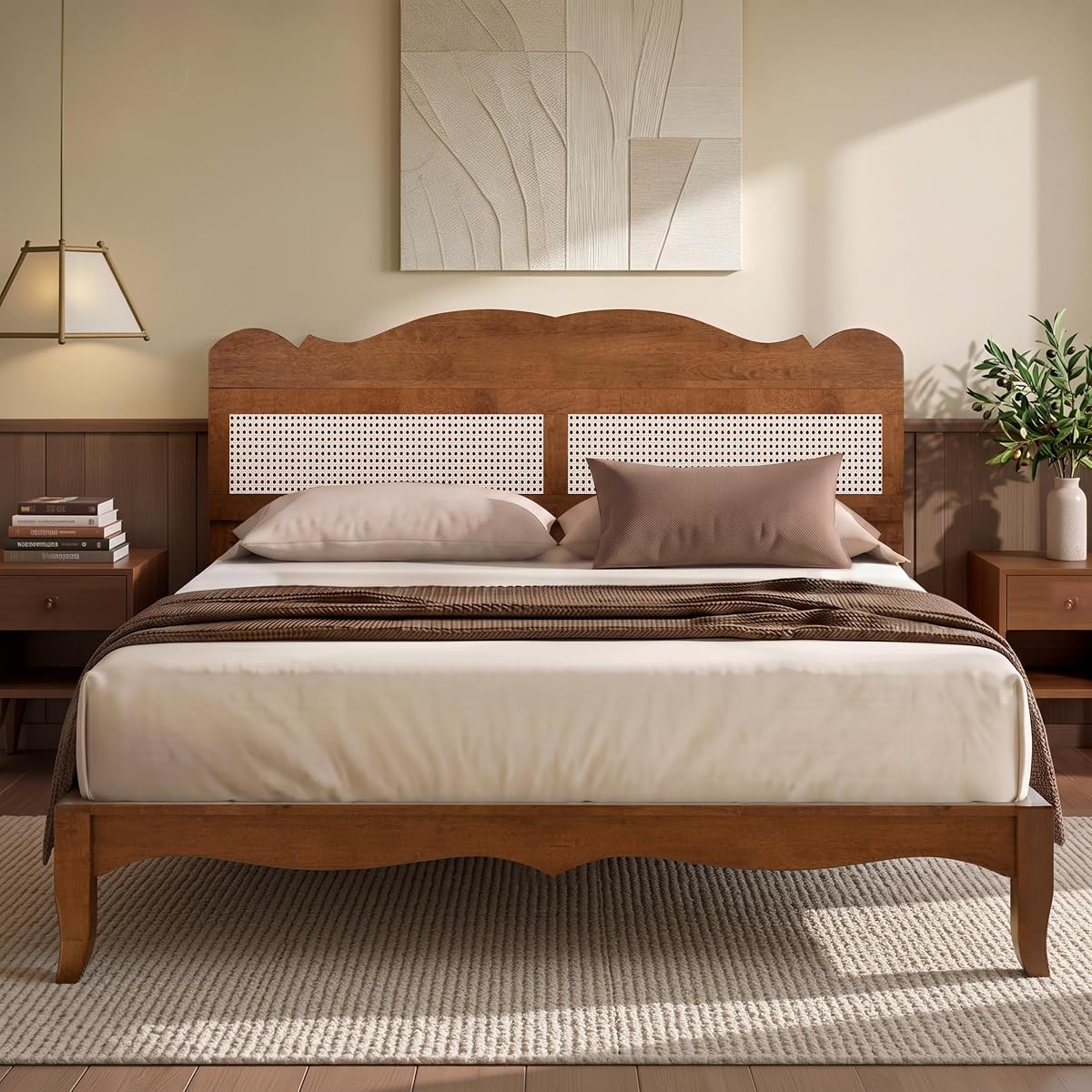 Solid Wood Bed Frame King Size with Adjustable Headboard,Brown