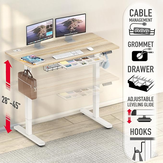 SHW 48-Inch Electric Height Adjustable Standing Desk with Drawer, Memory Preset and Cable Management Tray, Maple