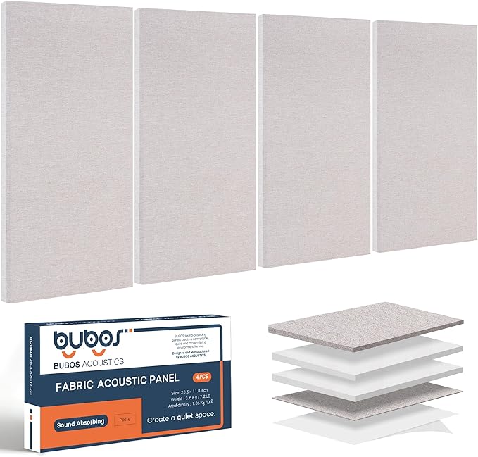 BUBOS 4 PCS Acoustic Panels,23.6''x11.8'' Fabric Soundproof Wall Panels,Self-adhesive Sound Absorbing Panels for Studios, Office, Home Theater,Fabric-Clad Linen