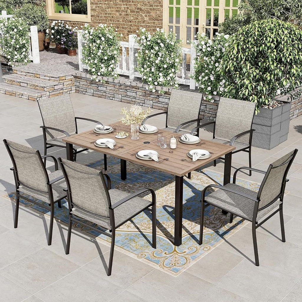 7pc Patio Dining Set, Wood-Like Metal Table, 6 Brown Chairs | 60" rectangular table with umbrella hole. Waterproof, rust-resistant, all-weather for backyard, porch