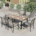 7pc Patio Dining Set, Wood-Like Metal Table, 6 Brown Chairs | 60" rectangular table with umbrella hole. Waterproof, rust-resistant, all-weather for backyard, porch
