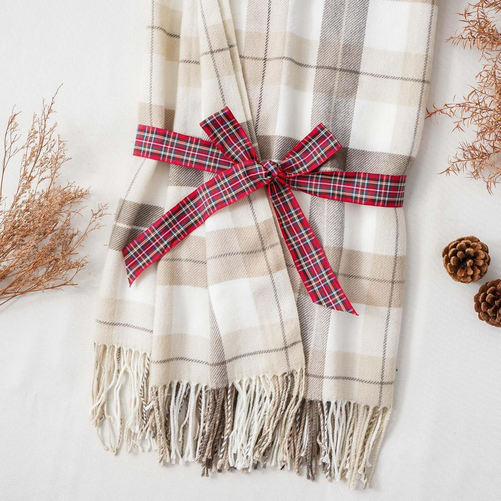 Fall Plaid Throw Blanket for Couch, Farmhouse Checkered Decor Throw, Lightweight Beige Throw Blankets for Bed Sofa Neutral Fall Decor, 50"X60"