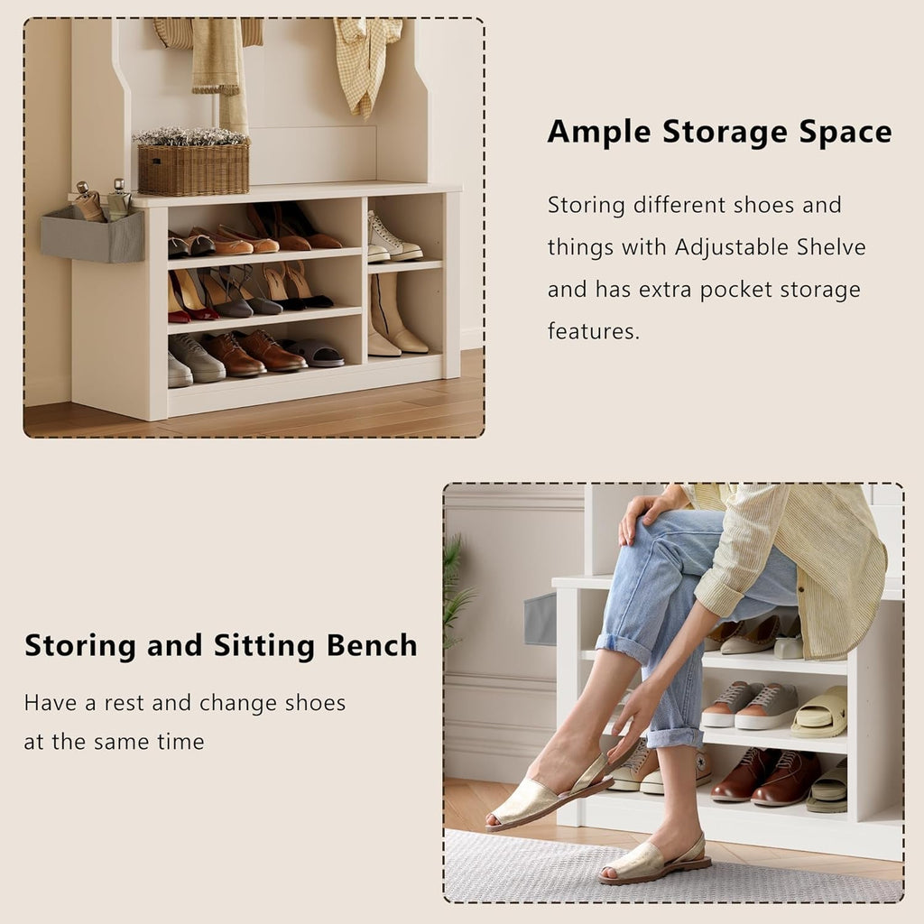 Hall Tree with Bench and Shoe Storage, 3-In-1 Entryway Hall Tree, with Adjustable Shoe Storage, for Entryway, Hallway, White