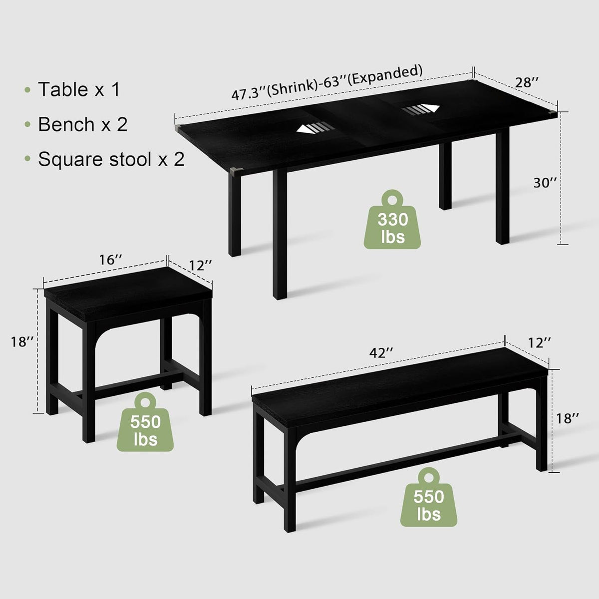 5-Piece Dining Table Set for 4-8 People, 63" Large Extendable Kitchen Table Set with 2 Benches and 2 Square Stools, Dining Room Table with MDF Wood Board, Easy Assembly, Black