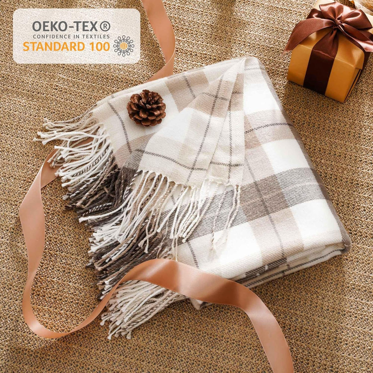 Fall Plaid Throw Blanket for Couch, Farmhouse Checkered Decor Throw, Lightweight Beige Throw Blankets for Bed Sofa Neutral Fall Decor, 50"X60"