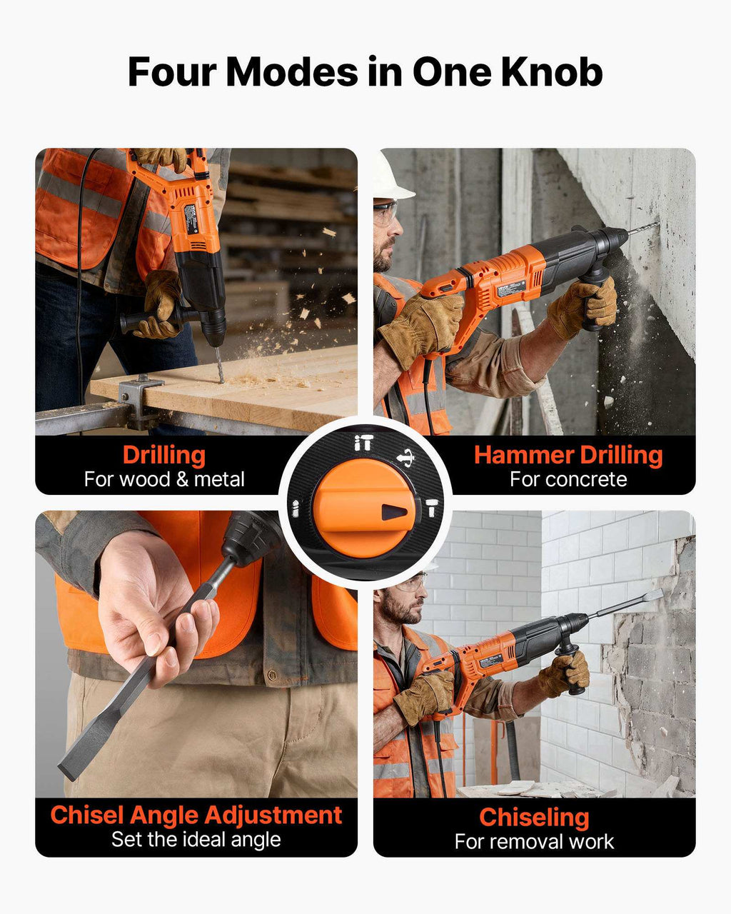 Rotary Hammer Drill, 1-1/8 in SDS-Plus Electric Corded Heavy Duty Rotary Hammer, 4 Functions, Including 3 Drill Bits, Flat Chisel, Pointed Chisel, and Carrying Case, for Concrete and Masonry