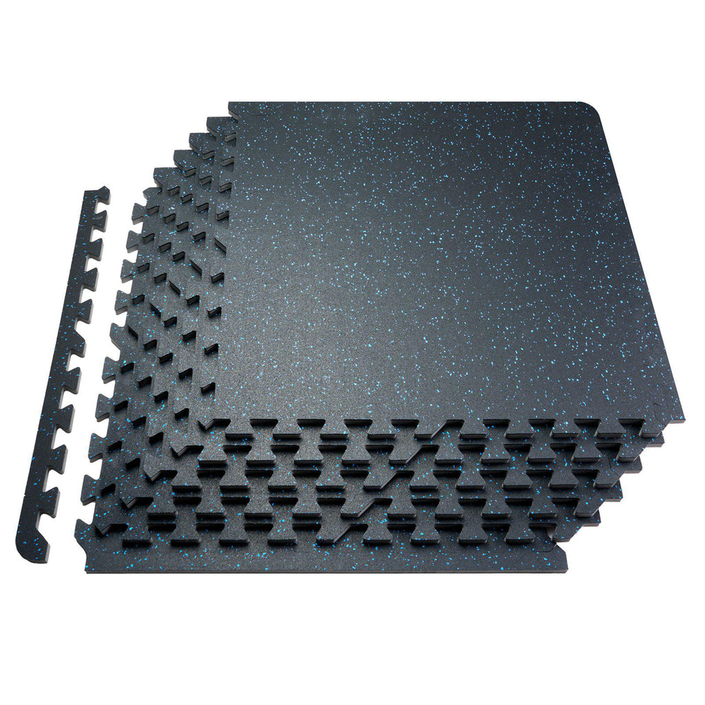 0.56 Inch Thick Gym Floor Mats, 12 Tiles Rubber Top with EVA Foam, 25" x 25" Gym Flooring Workout Mats with 48 sq.ft Coverage, Interlocking Puzzle Gym Mats for Gym, Home, Garage, Black & Blue