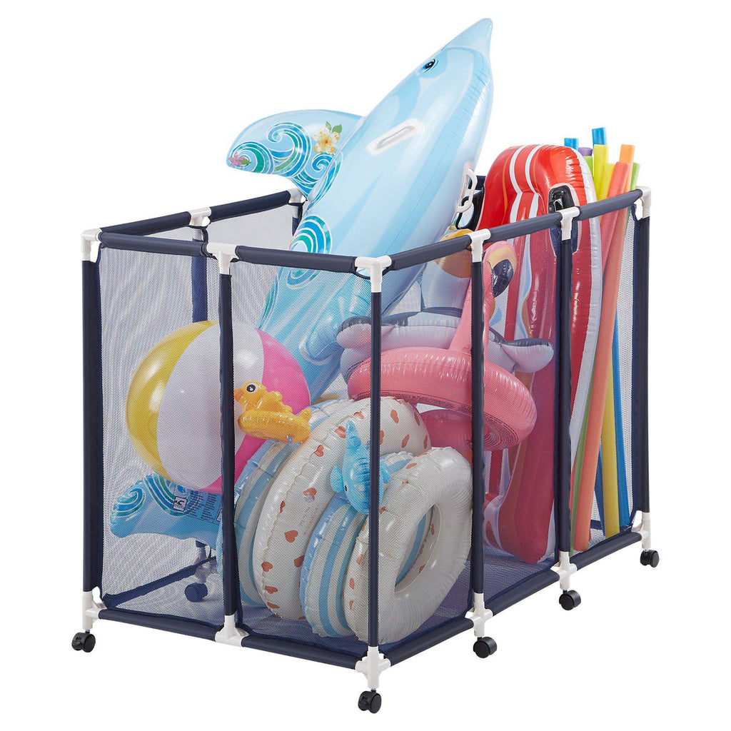 Pool Storage Bin, 48 x 33 x 39 in, Rolling Pool Float Storage Organizer with Casters, Durable Plastic Frame, Poolside Toys Noodles Holder, Breathable Mesh Basket for Swimming Pools