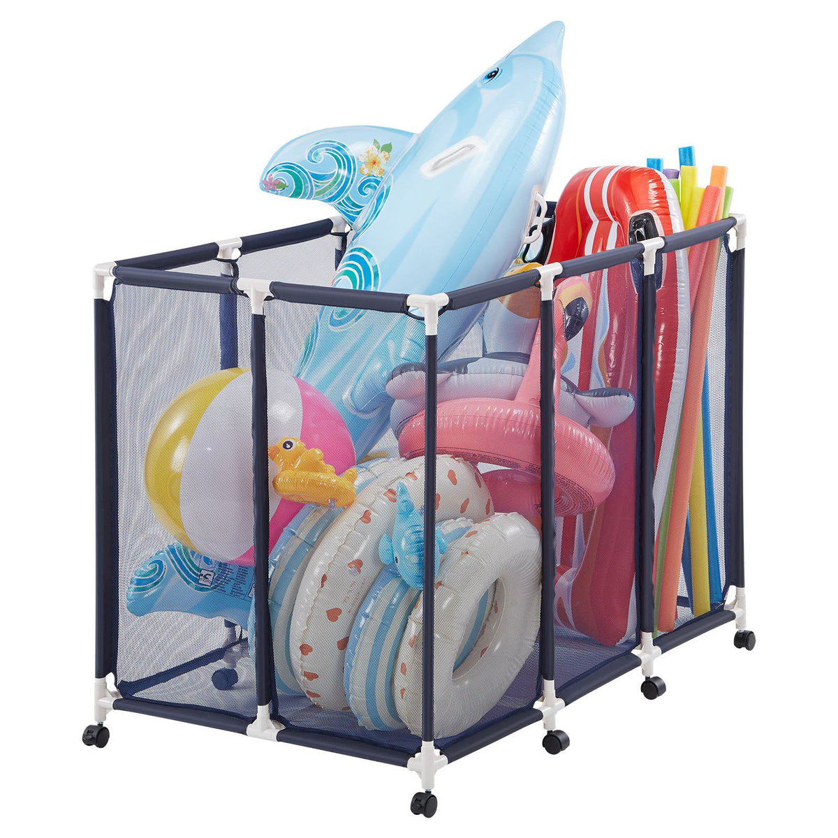 Pool Storage Bin, 48 x 33 x 39 in, Rolling Pool Float Storage Organizer with Casters, Durable Plastic Frame, Poolside Toys Noodles Holder, Breathable Mesh Basket for Swimming Pools